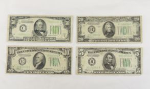 4 1934 US Fed Res Notes $50, $20, $10, $5