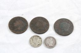 3 Large Cents, 2 Silver Dimes