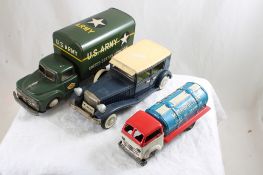 3 Tin Friction Army, Water Truck, Car Made Japan
