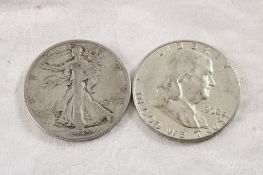 2 Silver Half Dollars Franklin, Walking Liberty