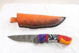 Custom Made Damascus Knife in Leather Sheath