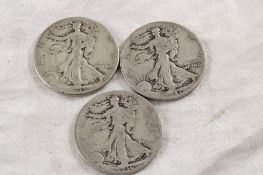 3 Walking Liberty Silver Half Dollars