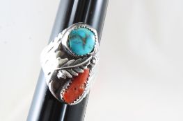 Native American Silver Turquoise Coral Ring