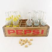 Vintage Wood Pepsi Crate & 16 Soda Bottles
