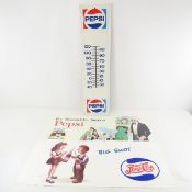 Pepsi Thermometer & 2 Cardboard Advertising Signs
