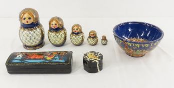 Russian Hand Painted Wood Box, Bowl & Matryoshka