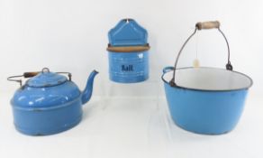 Blue Enamel Salt, Tea/Coffee pot & more