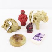 Cinnabar Snuff Container, mini Buddha, Jade Disc