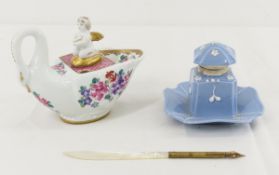 2 Antique Porcelain Ink Wells & 1 MOP Pen