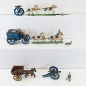 Tin & cast metal horse drawn carts, toy cannon
