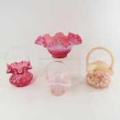 3 Fenton Glass Baskets and 1 Ruffle Bowl