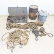 Block & Tackle, Rope, Gas Stove & Small Barrel
