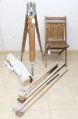 Vintage Tripod, Golf Clubs & Folding Chair