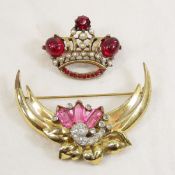 Vintage Crown & Floral Crescent Brooches