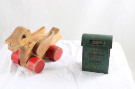 Folk Art Duck Toy & Cast Iron Mail Box Bank