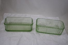 2 Green Uranium Glass Refrigerator Jars - Glows