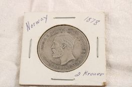1878 Norway 2 Kroner Silver Coin