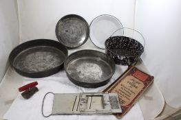 Vintage Kitchen Graniteware, Pans, Opener, Cutter