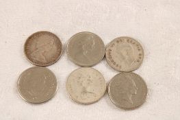 6 Vintage Canadian 10 Cent Silver Coins