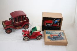 3 Tin Litho Friction Battery Toy Cars & Tractor