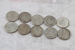 9 Roosevelt Silver Dimes, 1 Mercury Silver Dime