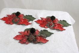 3 Cast Iron Poinsettia Candleholders Date 1922