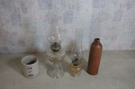 Stoneware Gin Jug, Crock, 2 Kerosene Lamps
