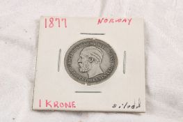 1877 Norway 1 Kroner Silver Coin