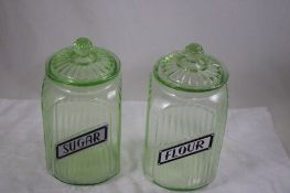 2 Green Uranium Glass Ribbed Canisters -Glows