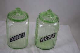 2 Green Uranium Glass Ribbed Canisters -Glows