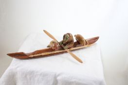 Inuit Wood Kayak w/Stone Hunter Artist Signed