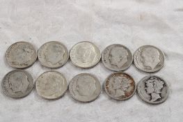 8 Roosevelt Silver Dimes, 2 Mercury Silver Dimes