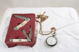 Key Wind Pocket Watch & 2 Winchester Pocket Knives