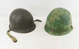2 US Military M1 Steel Helmets & Liners, Rear Seam