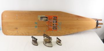Vintage Rid-Jid Wood Ironing Board & Sad Irons