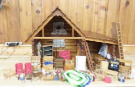 Homemade Log Cabin Doll House & Furnishings