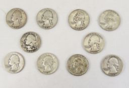10 1940's & 1950's 90% Silver Washington Quarters