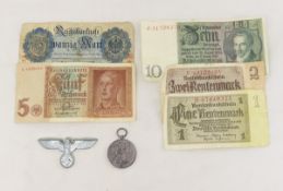 WWII Era German Cap Badge, Medal & Notes