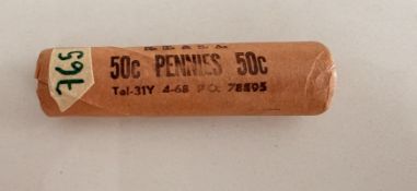 1968 Bank Wrapped Roll of 50 Pennies