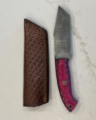 Custom Damascus Steel Fixed Blade Knife Tanto Point Pink Wood Handle with Leather Sheath