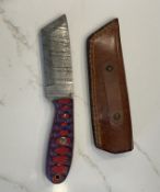 Custom Damascus Steel Fixed Blade Knife Red Multi Wood Handle with Leather Sheath