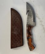Custom Damascus Steel Gut Hook Hunting Knife With Wood Handle with Leather Sheath