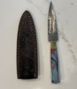 Custom Damascus Dagger Fixed Blade Knife with Leather Sheath