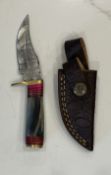 Custom Damascus Steel Fixed Blade Hunting Knife with Leather Sheath