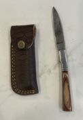 Custom Damascus Steel Fixed Blade Knife with Wood Handle and Leather Sheath
