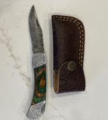 Custom Damascus Folding Pocket Knife Wood Handle with Leather Sheath