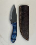 Custom Handmade File Blade Fixed Knife Blue Resin Handle With Leather Sheath