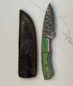 Custom Damascus Steel Hunting Knife Fixed Blade Multi-Color Handle with Leather Sheath