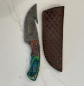 Custom Handmade File Knife Gut Hook Hunting Knife with Leather Sheath
