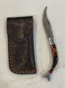 Custom Damascus Fish Shaped Folding Pocket Knife with Leather Sheath